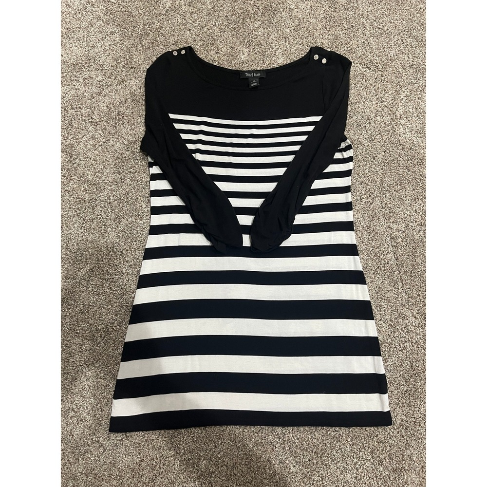 White House Black Market Striped 3/4 Sleeve Tunic Top Black White Medium - Picture 3 of 8